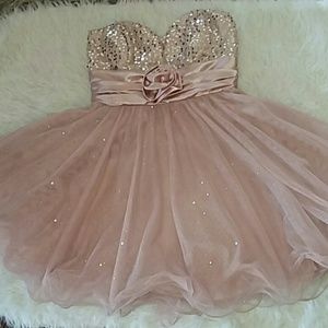 Deb pink shiny dress, strapless.